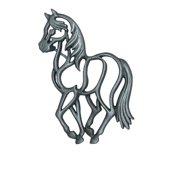 JJ Jonette Jewelry Galloping Horse Cut Out Pewter Signed 2 Inch Tall Vintage - Picture 1 of 3